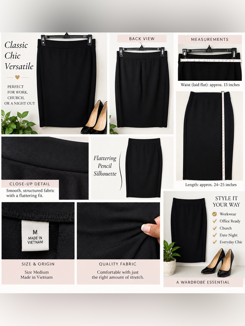 Black Label by Evan-Picone Womens S Black Pencil Skirt Career Office Knee Length